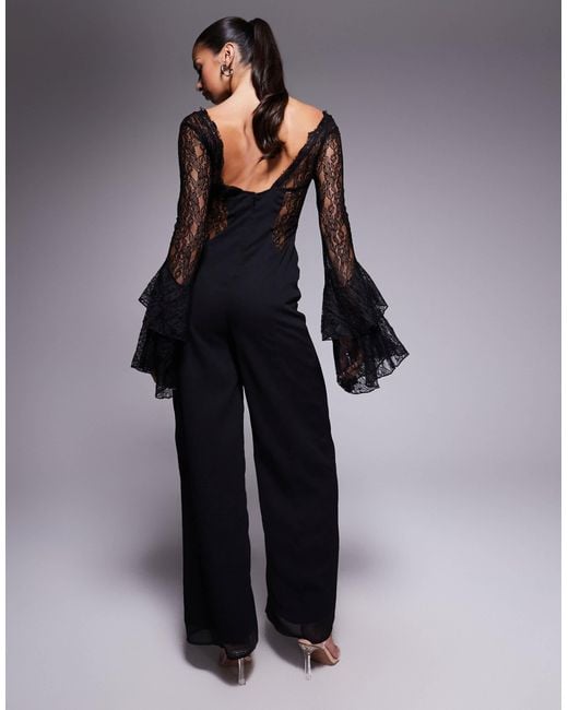 ASOS Black Corset Detail Jumpsuit With Lace Ruffle Sleeves