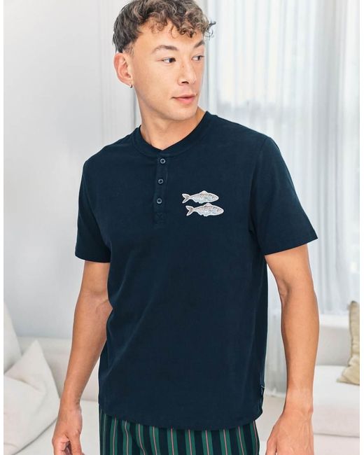 Chelsea Peers Blue Embroidered Fish Henley Stripe Long Pyjama Set for men
