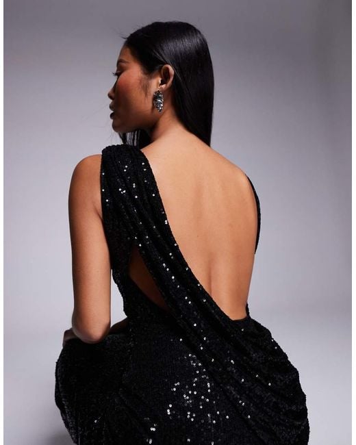 ASOS Black Asos Design Petite Sequin High Neck Midi Dress With Asymmetric Cowl Back