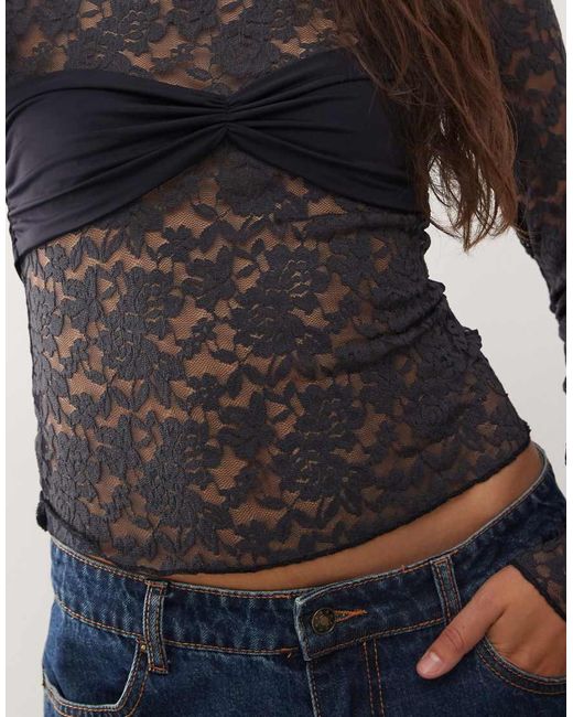 Lioness Blue Midnight Long Sleeve Sheer Lace Top