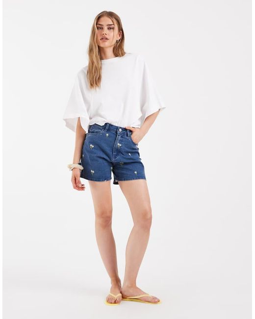 Pieces White Floral Embroidered Denim Shorts