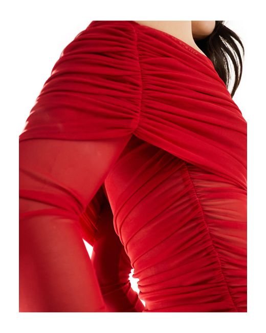 ASOS Red Deep Bardot Mesh Long Sleeve Top