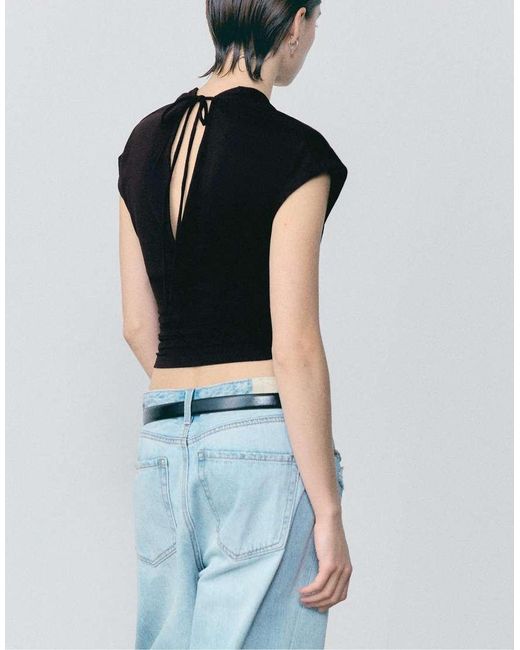 Stradivarius Black Top With Gathered V-neckline
