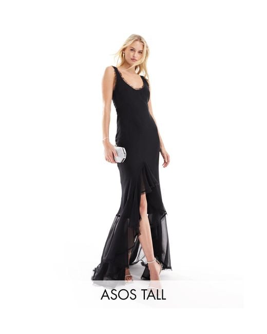 ASOS Black Asos Design Tall Scoop Neck Raw Edge Bias Maxi Dress With Hi Low Hem And Buckle Detail Back