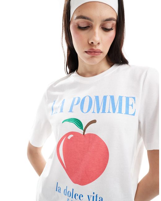 ONLY White Boxy T-shirt With Apple Print