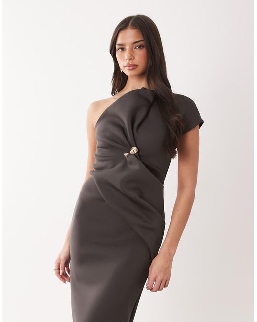 ASOS Brown Asymmetric One Shoulder Midi Dress With Trim