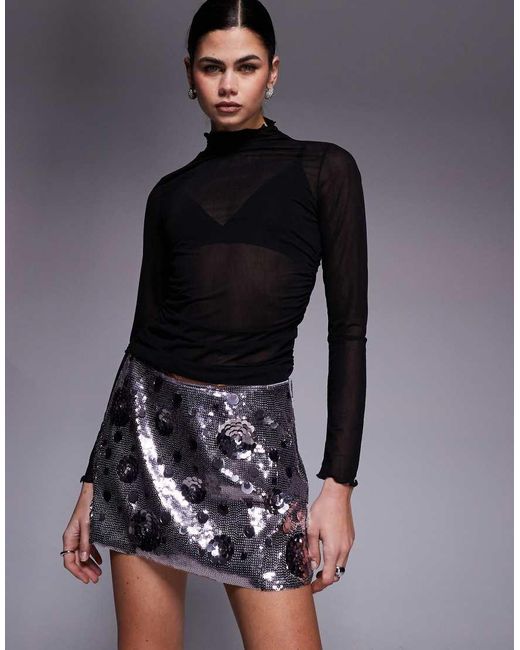 Oh Polly Blue Lunara Flower Sequin Mini Skirt
