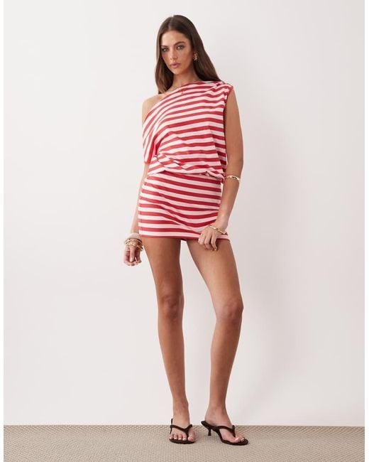 The Frolic Red Exclusive Fitted Skirt Asymmetric Shoulder Mini Dress