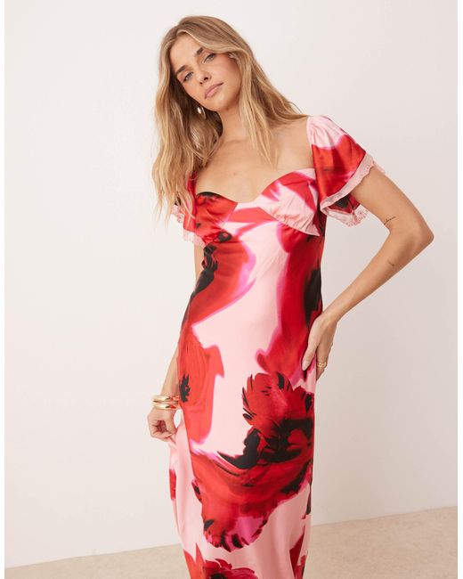 ASOS Red Bardot Midi Dress With Lace Inserts