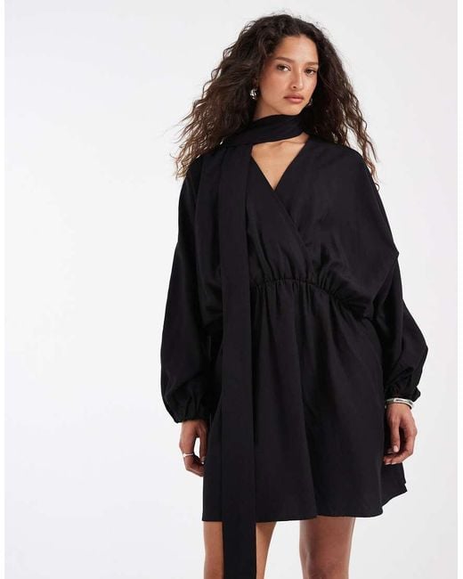 & Other Stories Black Scarf Detail Linen Look Wrap Mini Dress