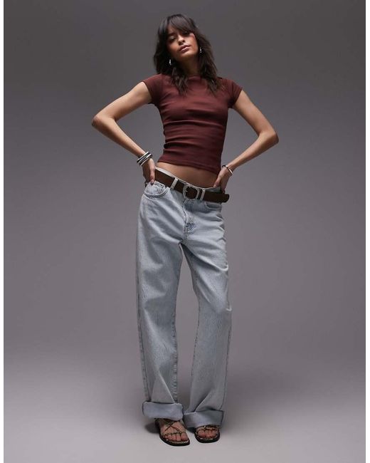 TOPSHOP Top Van Jersey Met Rechte Hals En Kapmouwtjes in het Brown