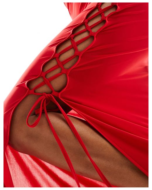 ASOS Red Strappy Cowl Neck Lace Up Detail Maxi Dress