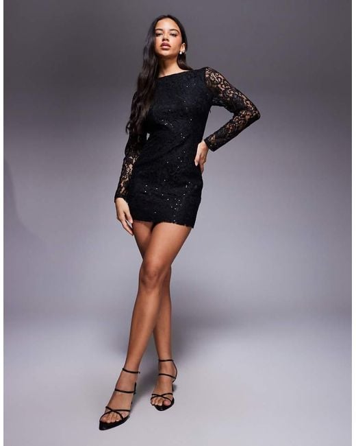Kaiia Blue Exclusive Open Tie Back Pearl Detail Sheer Lace Sleeve Sequin Mini Dress