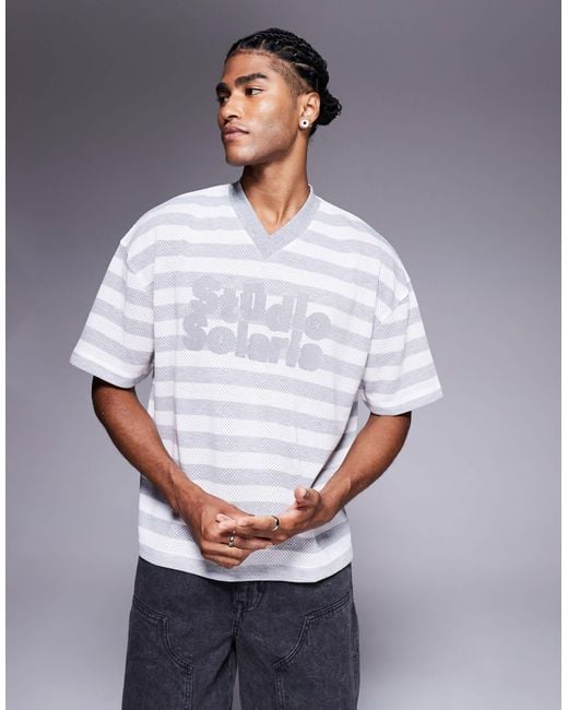 ASOS Gray Boxy Oversized T-shirt With V-neck And Text Graphic for men