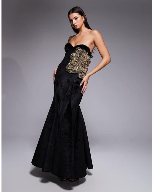 ASOS Blue Structured Velvet Godet Maxi Dress With Floral Embellishment