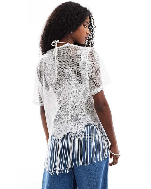 Pieces Blue Tie Front Western Cardigan With Fringe Hem
