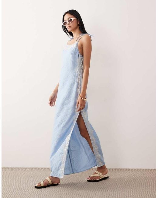 ASOS Blue Asos Design Tall Cami Square Neck Crinkle Satin Lace Detail Maxi Dress