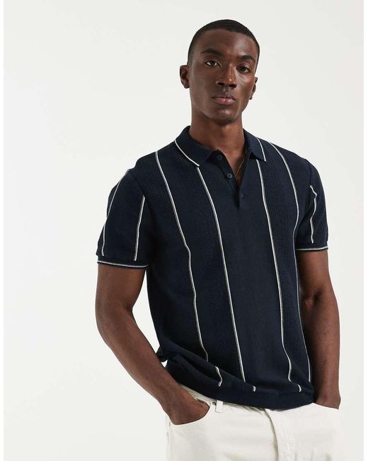 Blend Blue 100% Cotton Thin Stripe Slim Fit Knit Polo for men