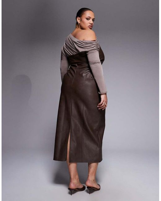 ASOS Brown Asos Design Curve Fallen Shoulder Pu Bandeau Midi Dress