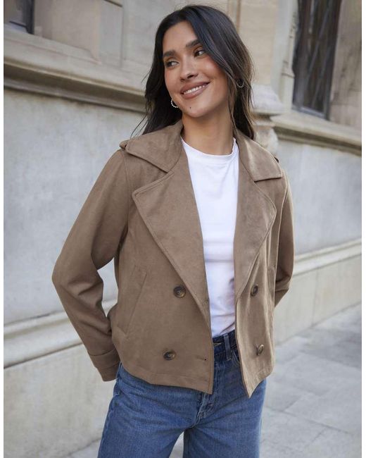 Threadbare Natural Suedette Cropped Trench Coat