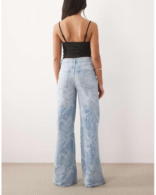 Gina Tricot Blue Wide Leg Embroidered Jeans