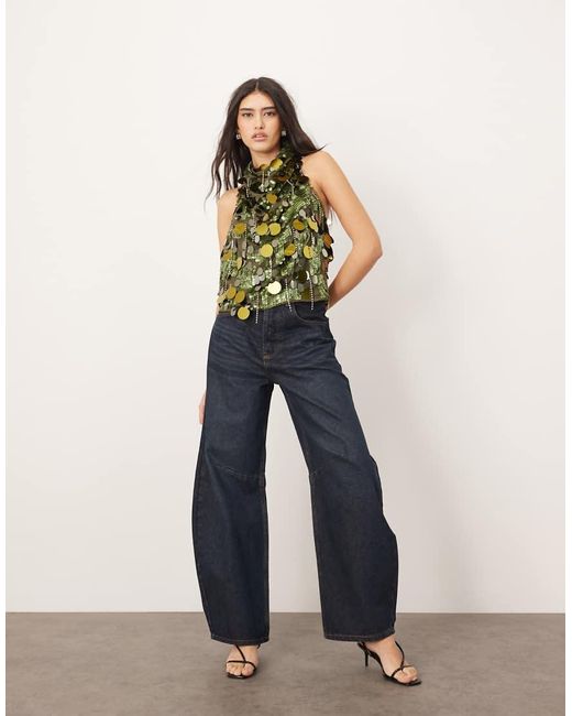 ARRANGE Top Met Halternek, Gedrapeerde Halslijn En Versiering Van Lovertjes En Franjes in het Blue