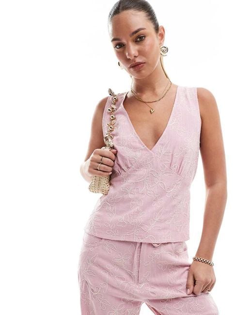 Stradivarius Pink Co-ord Embroidery Detail V Neck Top