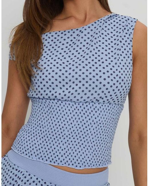 Princess Polly Blue 'ready To Party' Asymmetric Shoulder Shirred Waist Top