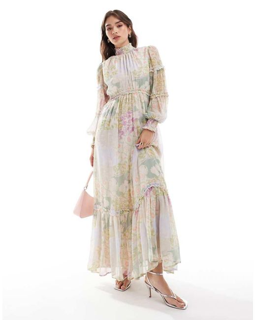 ASOS White High Neck Shirred Maxi Dress With Frill Edge