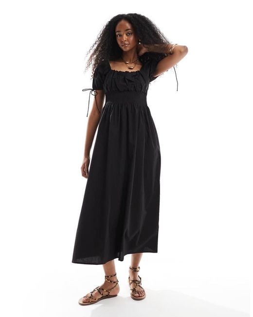 Brave Soul Black Square Neck Milkmaid Midi Dress With Puff Sleeves
