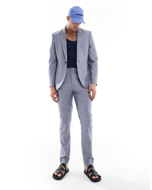 ASOS Blue Slim Linen Mix Suit Trouser for men