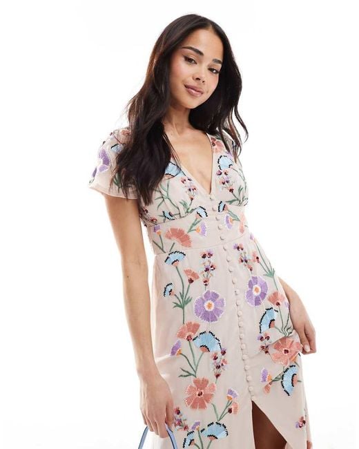 Maya Multicolor Embroidery & Faux Button Front Maxi Dress