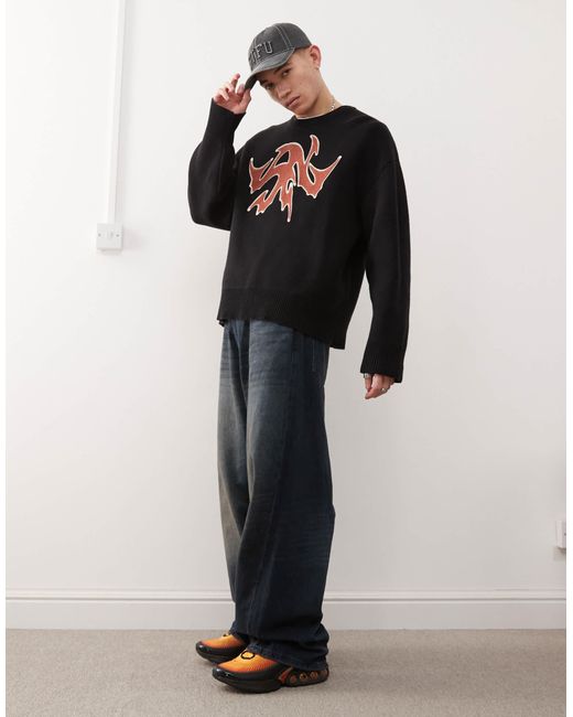 Weekday Black Cypher Oversized Jumper With Red Jacquard Graphic for men