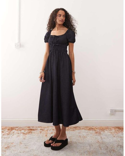 Reclaimed Vintage Blue Chambray Denim Midi Dress With Shirring Details