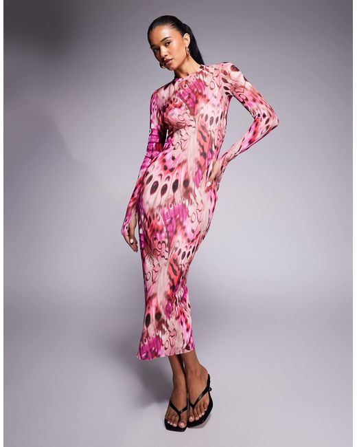 AFRM Pink – langärmliges midaxikleid aus netzstoff mit beeren-schmetterlingsprint
