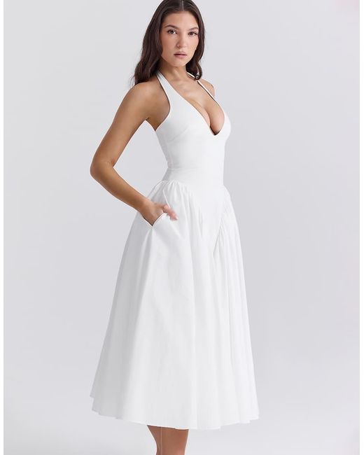 House Of Cb White Marilyn Cotton Halter Midi Sundress