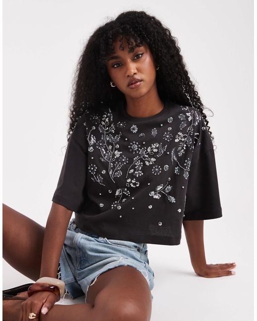 Miss Selfridge Gray Embellished Cropped Tee