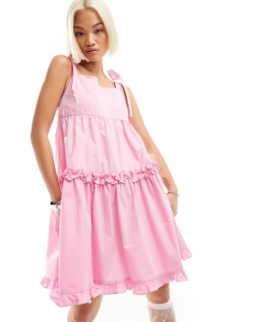 Urban Revivo Pink Tie Shoulder Cami Ruffle Mini Dress