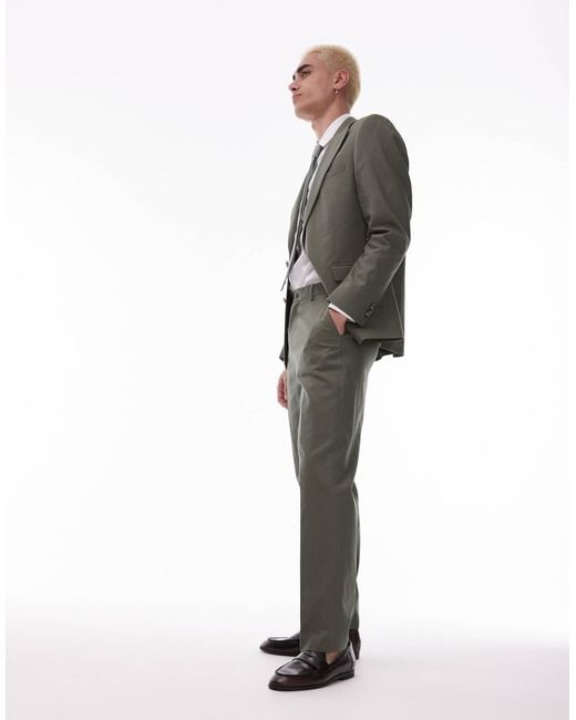 Topman Green Straight Linen Blend Suit Trouser for men