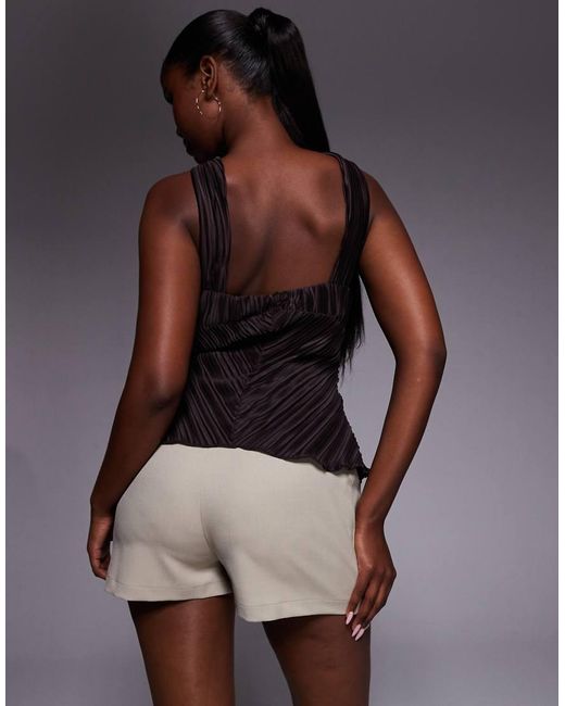 ASOS Brown Plisse Halter Neck Top With Knot And Split Detail