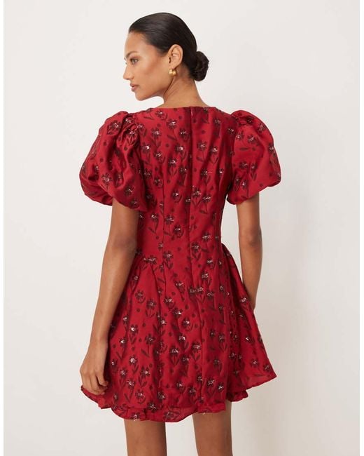 Sister Jane Red Floral Jacquard Puff Sleeve Mini Dress