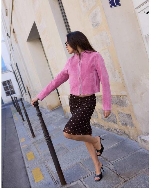 Stradivarius Pink 100% Leather Biker Jacket