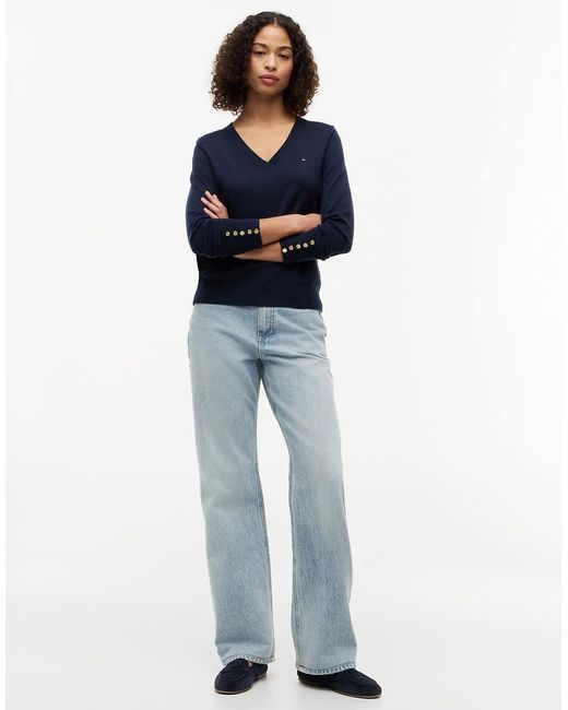 Tommy Hilfiger Blue Tone Button Cuff V-Neck Jumper