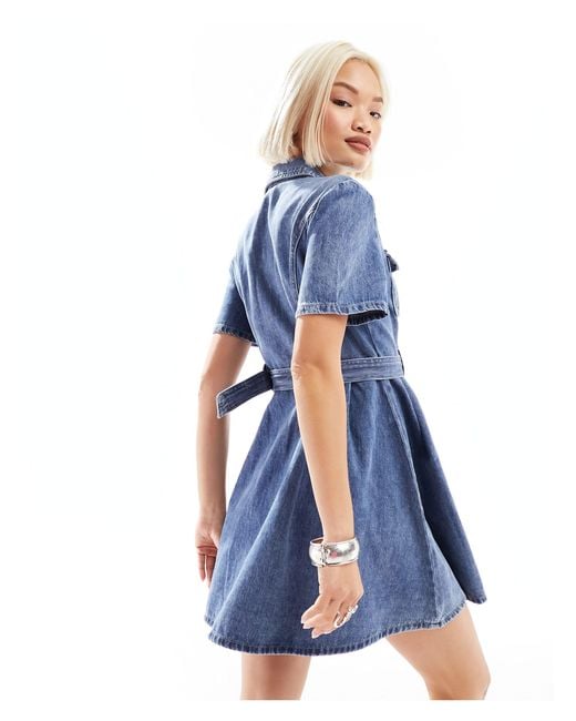 Urban Revivo Blue Button Through Denim Skater Skirt Mini Dress
