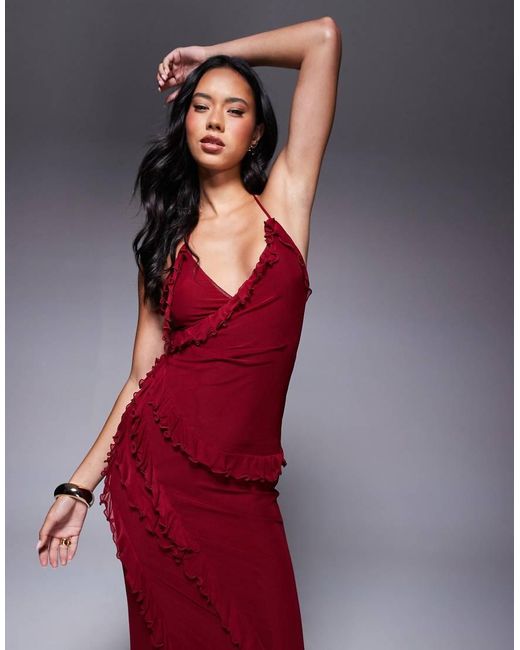 Vestito Lungo Drappeggiato Allacciato Sul Lato Color Ciliegia Scuro Con Volant di ASOS in Red