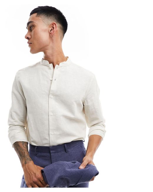 ASOS Blue Smart Linen Shirt With Mandarin Collar for men