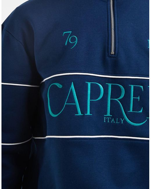 ASOS Blue Relaxed Fit Printed Quarter Zip Embroidered Sweatshirt With Piping for men