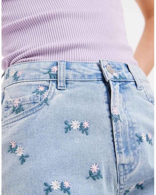 Pieces Blue Floral Embroidered Denim Shorts