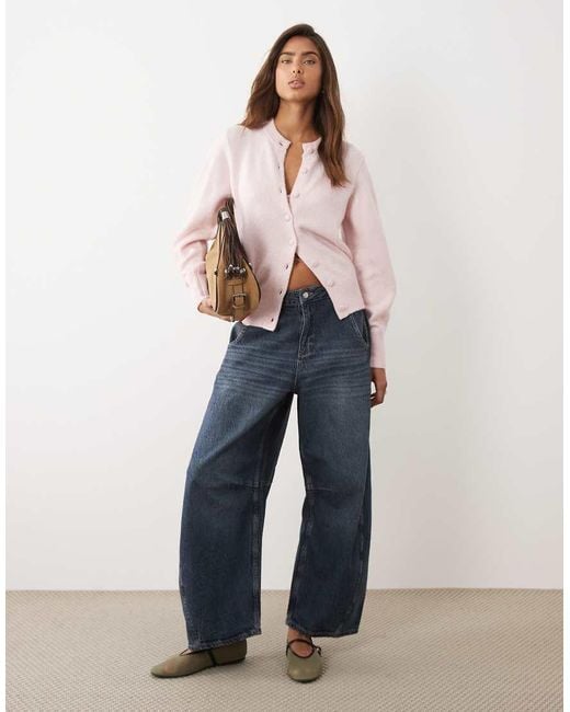 ASOS Pink Waisted Crew Neck Cardigan With Wool And Covered Buttons
