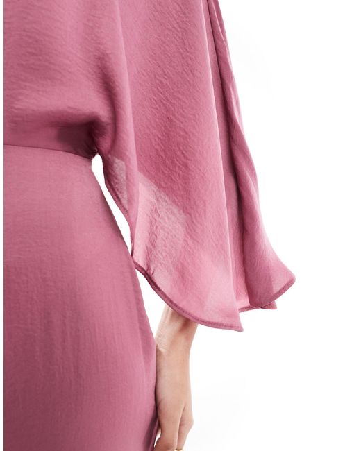 ASOS Pink Satin Flutter Sleeve Asymmetric Hem Midi Dress